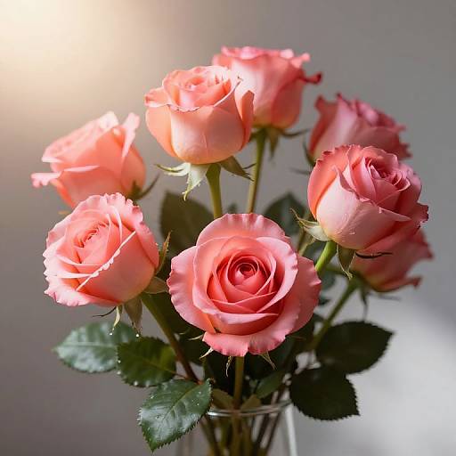 Photograph of a bouquet of pink roses with delicate petals, green leaves, and soft sunlight highlighting their vibrant colors against a blurred gray background.