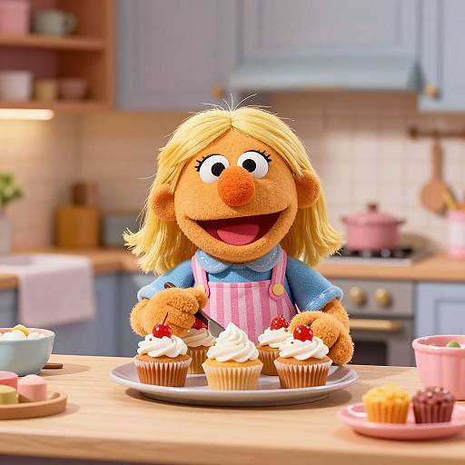 CGI image of a happy, blonde, puppet girl with large eyes, blue shirt, pink apron, decorating cupcakes in a cozy, pastel
