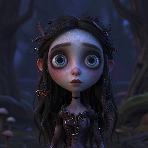 Digital CGI of a wide-eyed, pale-skinned, dark-haired forest girl with blue eyes, wearing a dark, ornate dress, amidst a dark