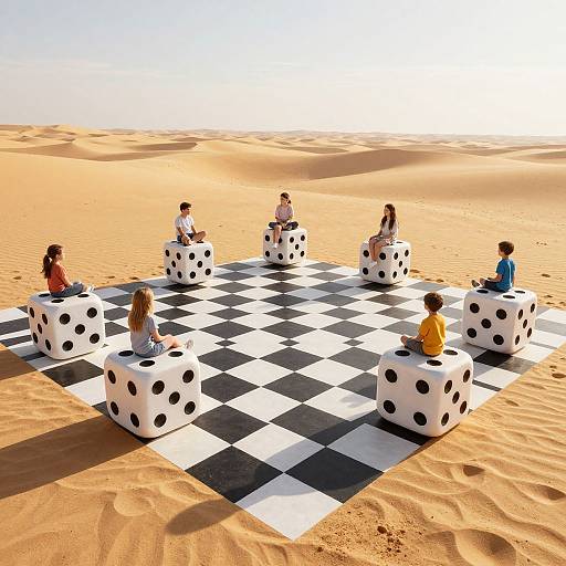 Photograph of six children sitting on large black-and-white polka-dotted dice in a desert, playing a checkered chess game.