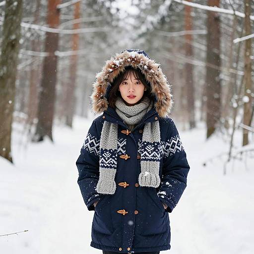 Young Woman in Cozy Winter Forest