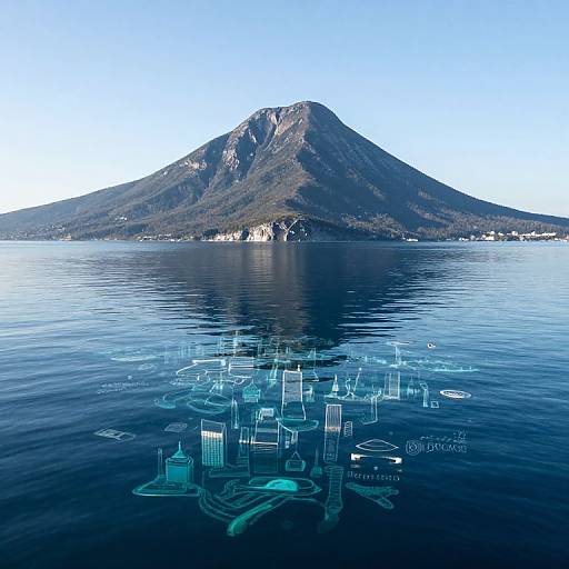 Photograph of a serene lake with a green mountain in the background, featuring a digital cityscape of blue, translucent skyscrapers floating on the water