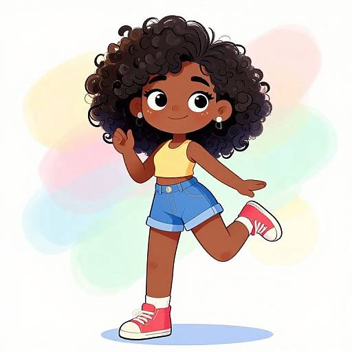 Digital cartoon of a smiling, dark-skinned, curly-haired girl in a yellow tank top, blue shorts, and red sneakers, making a peace sign