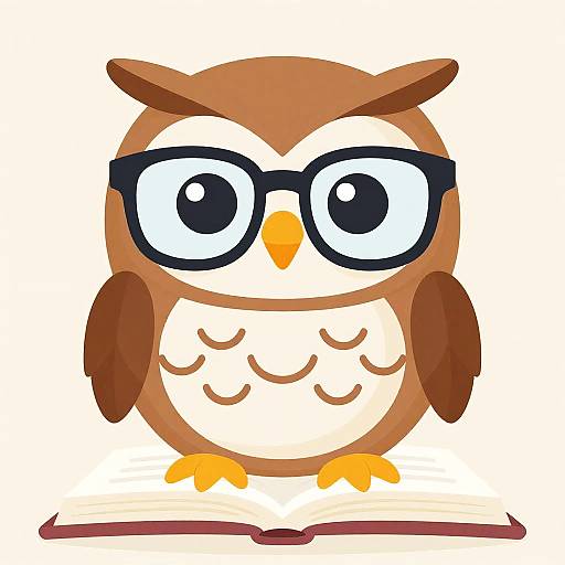 Cartoon brown owl with large black glasses, white belly, and brown wings, standing on an open book, white background.