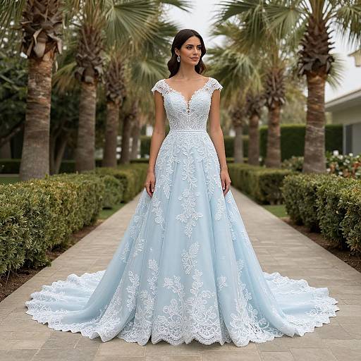 Photograph of a Latina woman with dark hair, wearing a white lace wedding dress with a deep V-neck and cap sleeves, standing on a palm tree