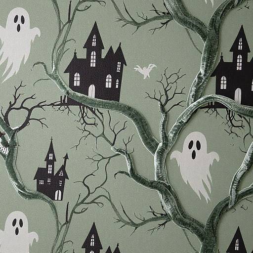 Digital illustration of a spooky Halloween scene with black, gothic houses, ghostly white spirits, and leafless, twisted trees on a teal background.