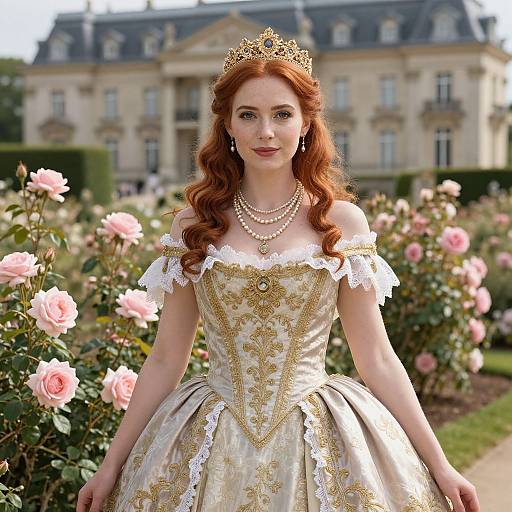 Regal Red-Haired Woman in Rose Garden