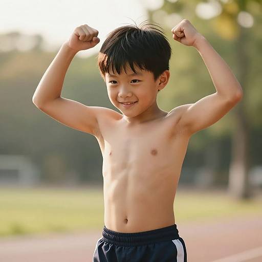 Photograph of a smiling, young Asian boy with short black hair, flexing his arms, shirtless, wearing black athletic shorts, outdoors in a