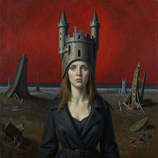 Digital painting of pale woman with brown hair wearing a stone castle helmet, black coat, in a dark, red sky apocalyptic landscape.