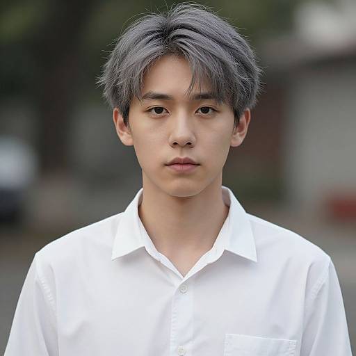 Photograph of an Asian teenage boy with short, grayish-black hair, wearing a white button-up shirt, standing against a blurred outdoor background.
