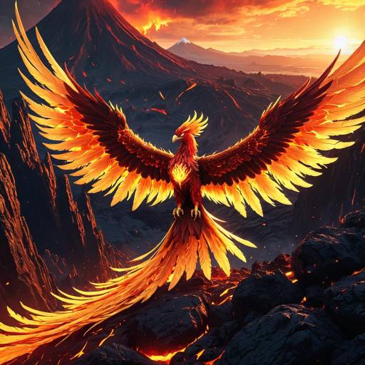 Epic Phoenix with Flaming Wings Over Volcanic Ridge