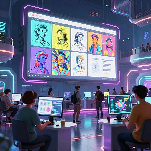 Futuristic AI Art Hub Scene