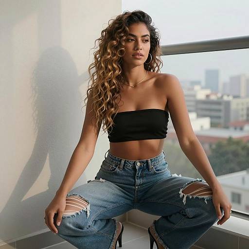Woman in Black Bandeau Top and Ripped Jeans on Balcony