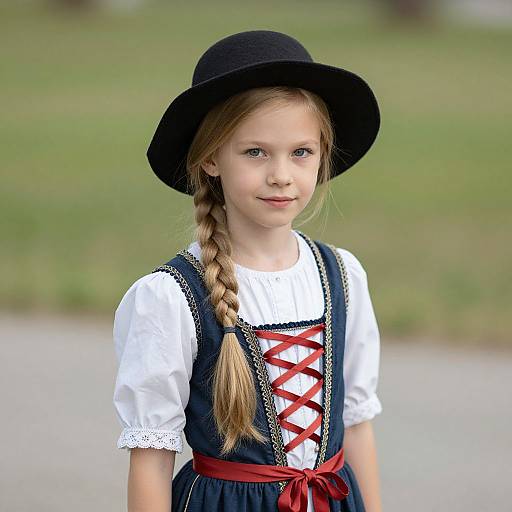 Young girl with fair skin and blonde braid, wearing black hat, white blouse, navy dress with red cross-laces, and red ribbon, standing