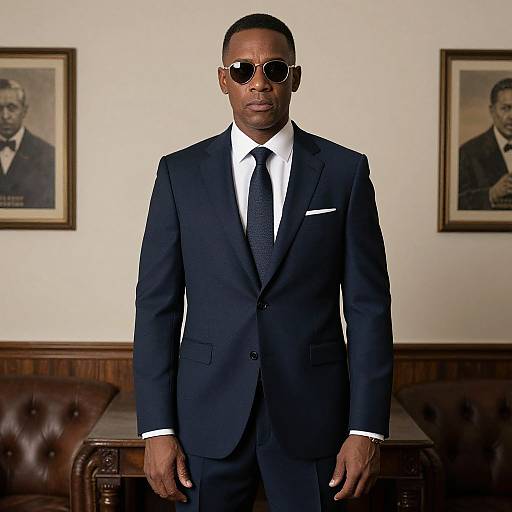 Photograph of a Black man in a dark navy suit, white shirt, black tie, and sunglasses, standing in a formal office with framed portraits on