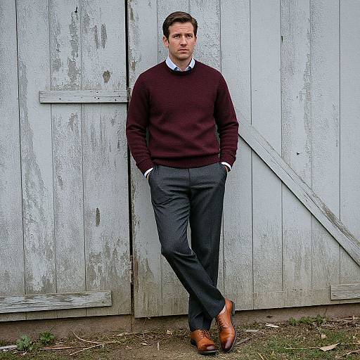 Photograph of a handsome man in a maroon sweater, gray trousers, white shirt, brown shoes, leaning against a weathered white wooden door.