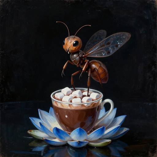 Photograph of a realistic, giant, brown ant with transparent wings standing on a chocolate cup filled with white marshmallows, atop a blue lotus