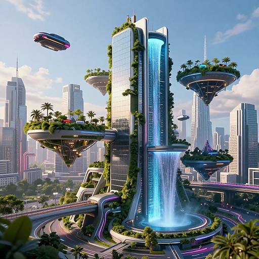 Digital artwork of a futuristic cityscape featuring towering, vertical skyscrapers with lush greenery, floating islands, and a central waterfall. Bright blue sky