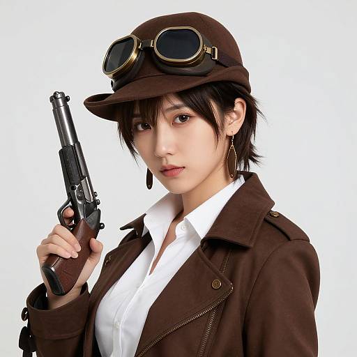 Digital illustration of an Asian woman with short black hair, wearing a brown hat with goggles, brown jacket, white shirt, holding a black revolver, white