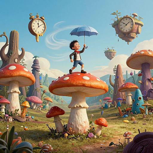 Digital illustration of a cheerful boy with dark hair, blue jacket, and red shorts, holding a blue umbrella, standing on a giant red mushroom in a