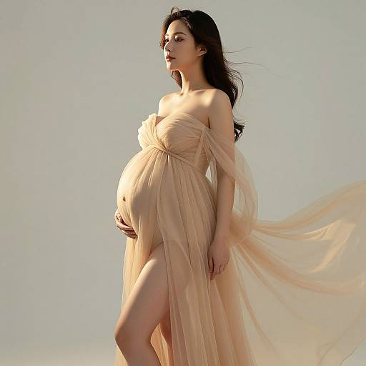 Photograph of a pregnant Asian woman with long black hair, wearing a flowing, sheer, nude-colored dress, standing against a light gray background, her