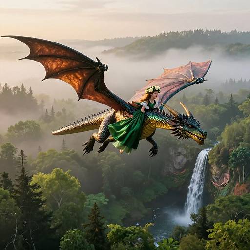 Photorealistic digital artwork of a dragon with red-orange wings, green cloth, and golden scales soaring over a misty forest waterfall.