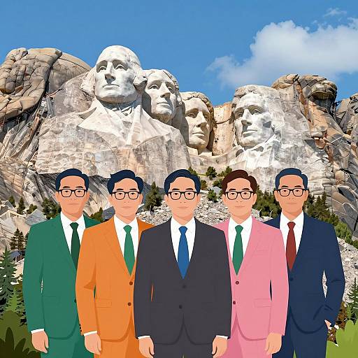 Vibrant Men in Suits at Mount Rushmore