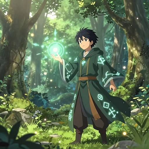 Anime-style digital artwork of a young man with black hair and green glowing robe, casting a bright magical circle in a sunlit, enchanted forest.