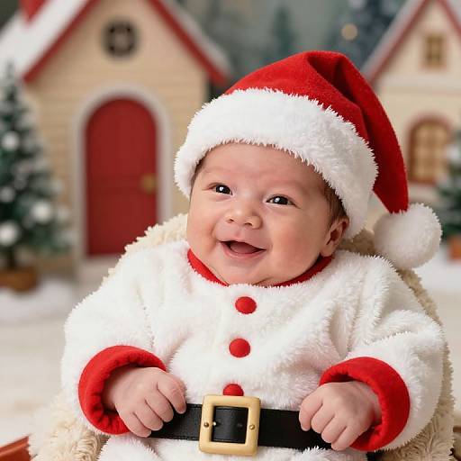 Photograph of a smiling baby in a red Santa hat and white fur-lined Santa suit with red buttons and black belt, against a festive, snowy village