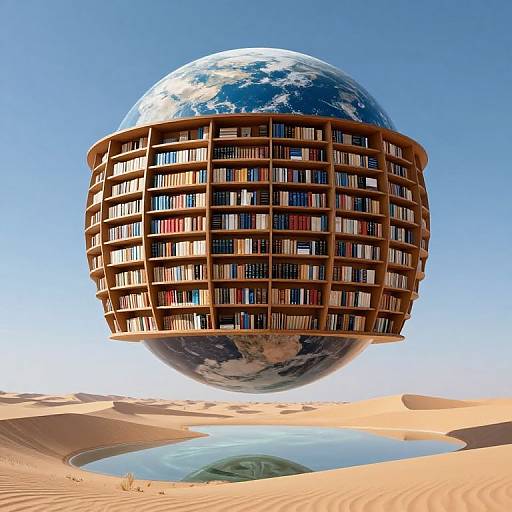 Photorealistic CGI of a spherical library floating above a desert with a small oasis, covered in wooden shelves filled with books.