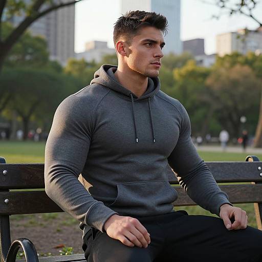 Athletic Man in Hoodie on Park Bench
