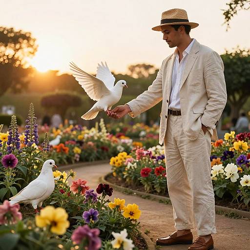 Man with Dove in Vibrant Garden at Sunset