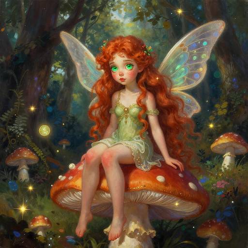 Red-Haired Fairy on Giant Mushroom