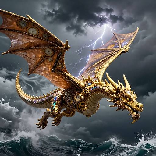 Digital artwork of a golden, clockwork dragon with large wings, flying above stormy ocean, lightning illuminating its mechanical scales. Dynamic, intense scene
