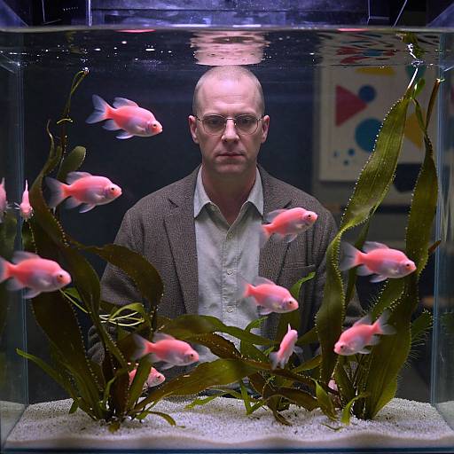 Photograph of bald man in brown suit and glasses, standing behind glass tank with pink fish and green plants, dimly lit.