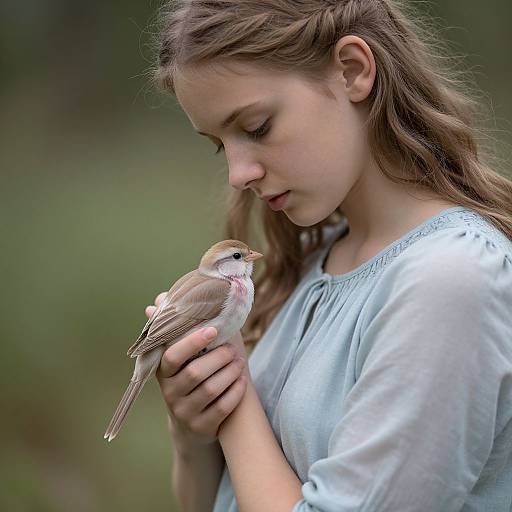 Photograph of a young woman with light brown hair, wearing a white blouse, gently holding a small, pinkish-brown bird in her hands,