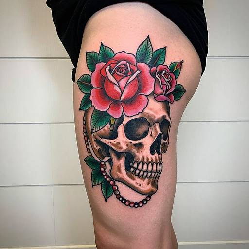 Photograph of a tattooed human thigh featuring a detailed, colorful skull with red roses, green leaves, and a beaded necklace.