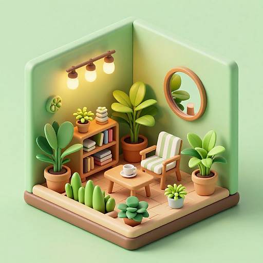 Digital 3D illustration of a green-themed, minimalist room with potted plants, a wooden chair, bookshelf, round mirror, and table.