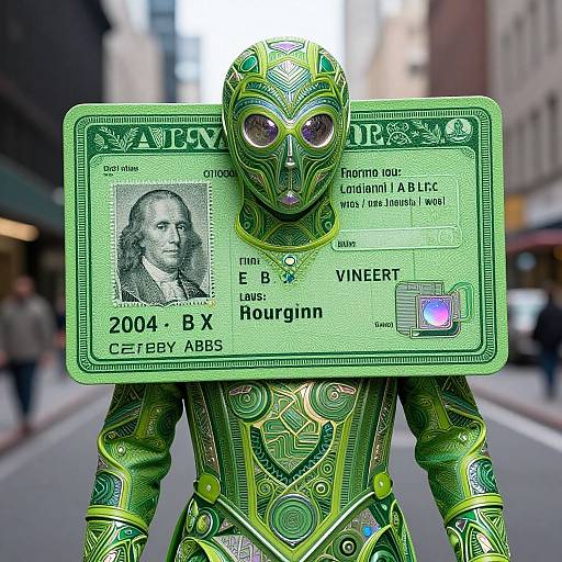 Photograph of a person in a green, ornate, mask-covered costume holding a $2004 greenbacks over their head, standing on a city