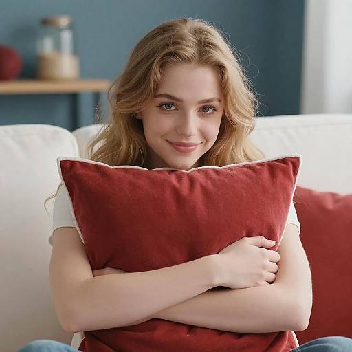 Young Woman Hugging Red Pillow