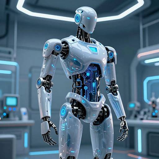 Photorealistic CGI of a futuristic white and black humanoid robot with glowing blue lights, standing in a high-tech lab with sleek, illuminated equipment.