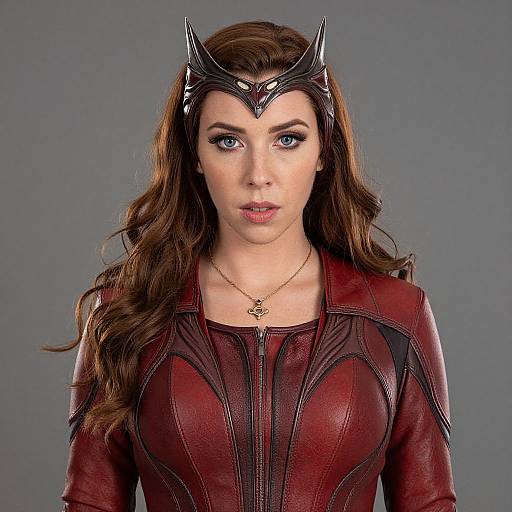 Photograph of a woman with long brown hair, wearing a red leather suit, black headpiece, and gold necklace, against a gray background.