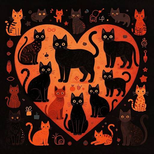 Digital illustration of various black and orange cats in playful poses, surrounded by a large orange heart, stars, and symbols on a black background. Whims