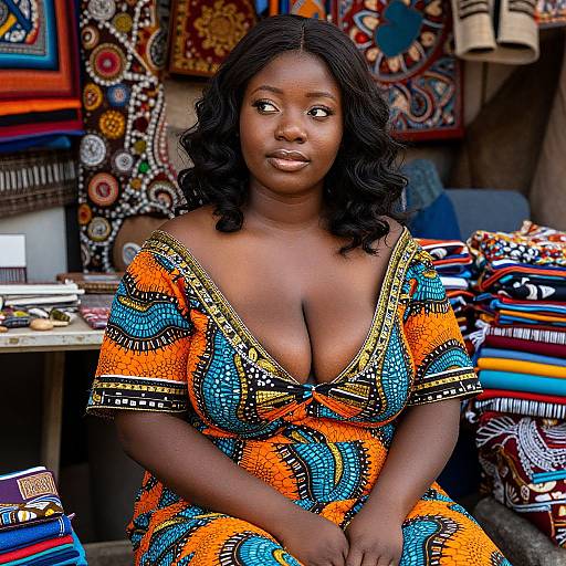 Photograph of a dark-skinned African woman with curly black hair, wearing a vibrant, patterned, low-cut dress, seated among colorful textiles in