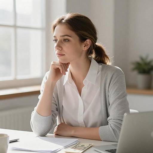 Contemplative Woman with Papers and Money