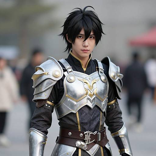 Photorealistic CGI of an androgynous young person with black hair, wearing shiny silver and black armor, standing in a blurred urban background with