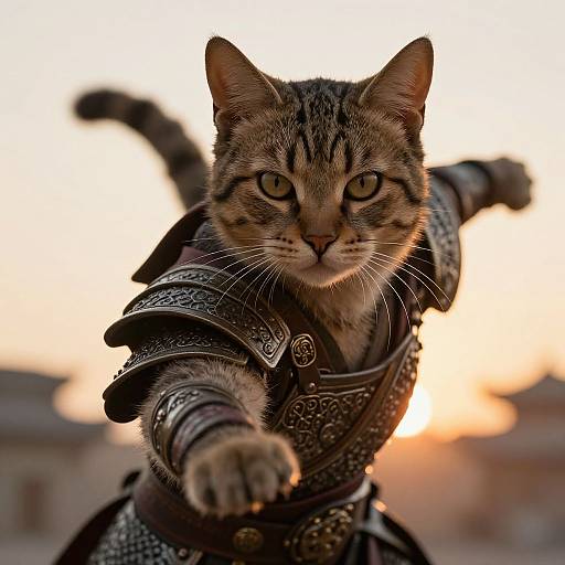 Photograph of a focused tabby cat wearing detailed medieval armor, extending a paw forward against a sunset-lit, blurred background.
