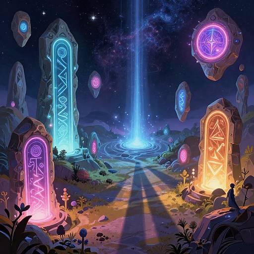 Digital artwork of a mystical night scene with glowing, neon-encrusted stone pillars, a central blue waterfall, and floating runes under a starry