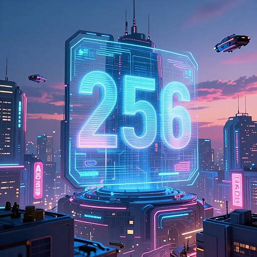 Neon-lit futuristic cityscape at dusk featuring a glowing blue 