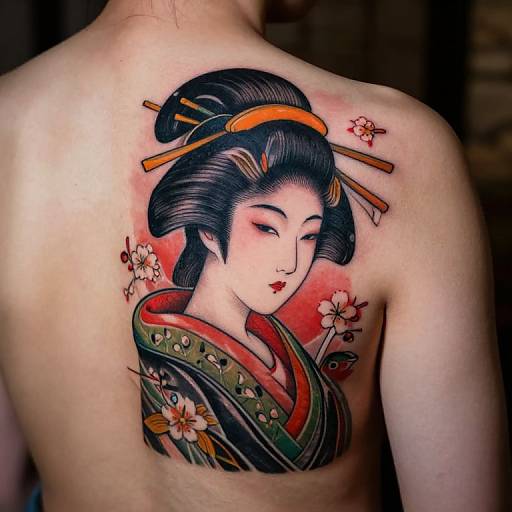Photograph of a tattoo on a person's back featuring a traditional Japanese geisha with black hair, orange hairpins, and floral kimono, surrounded